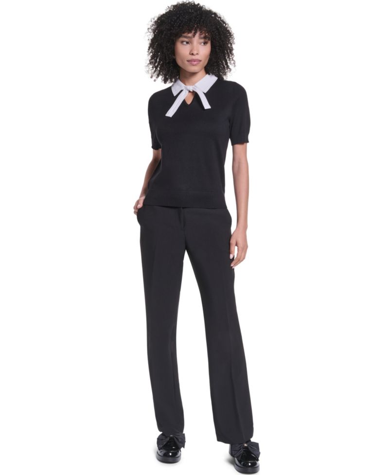 Women's Short-Sleeve Collared Keyhole Sweater