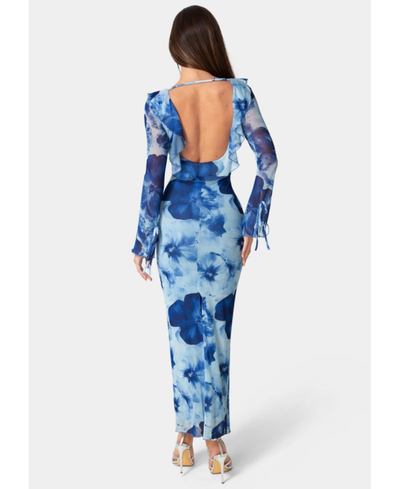 Women's Long-Sleeve Floral-Print Ruffle-Neck Maxi Dress
