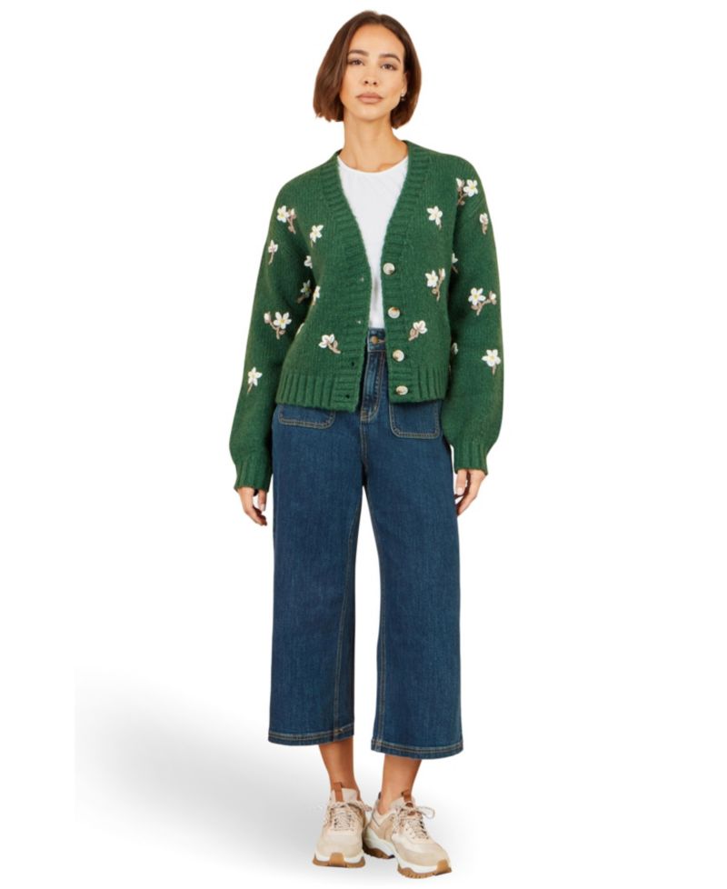 Women's Hand-Embroidered Chunky Knit Floral Cardigan