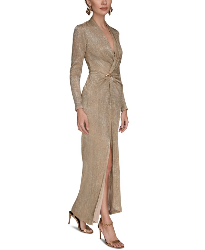 Petite Metallic Long-Sleeve Wrap Dress