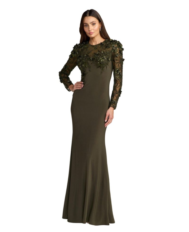 Women's Jersey Long Sleeve Fitted Gown With Floral Beading
