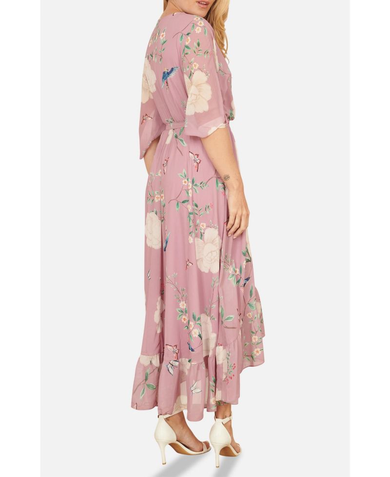 Women's Bird And Floral Print Midi Wrap Dress