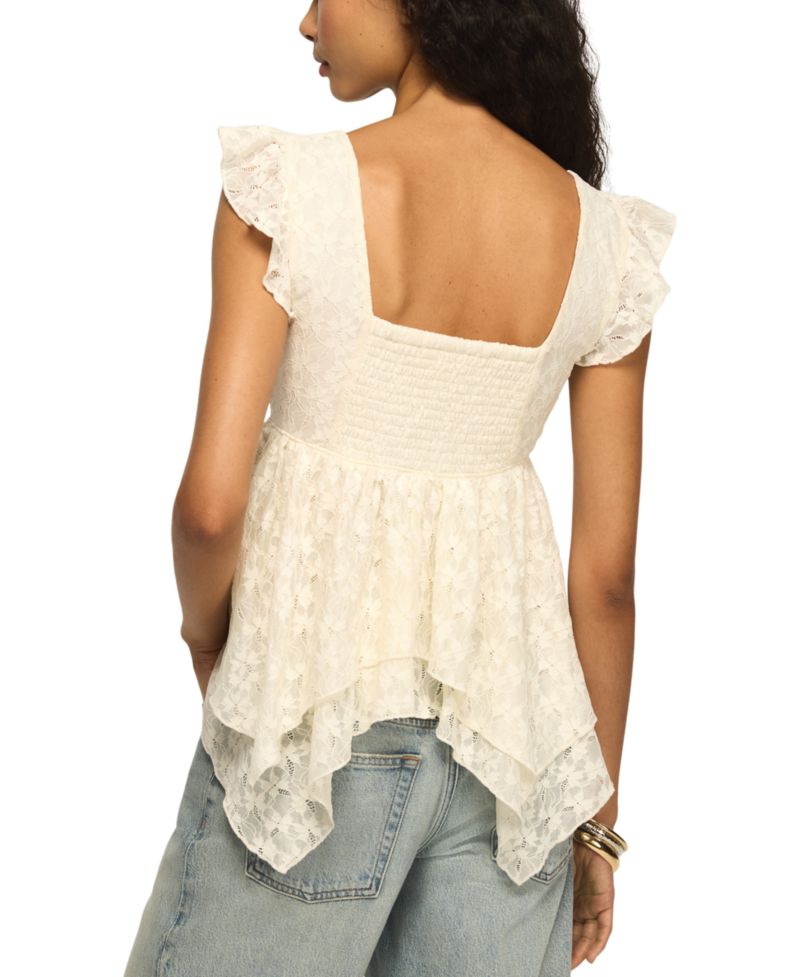 Women's Lace Detail Flutter-Sleeve Scoop Neck Top