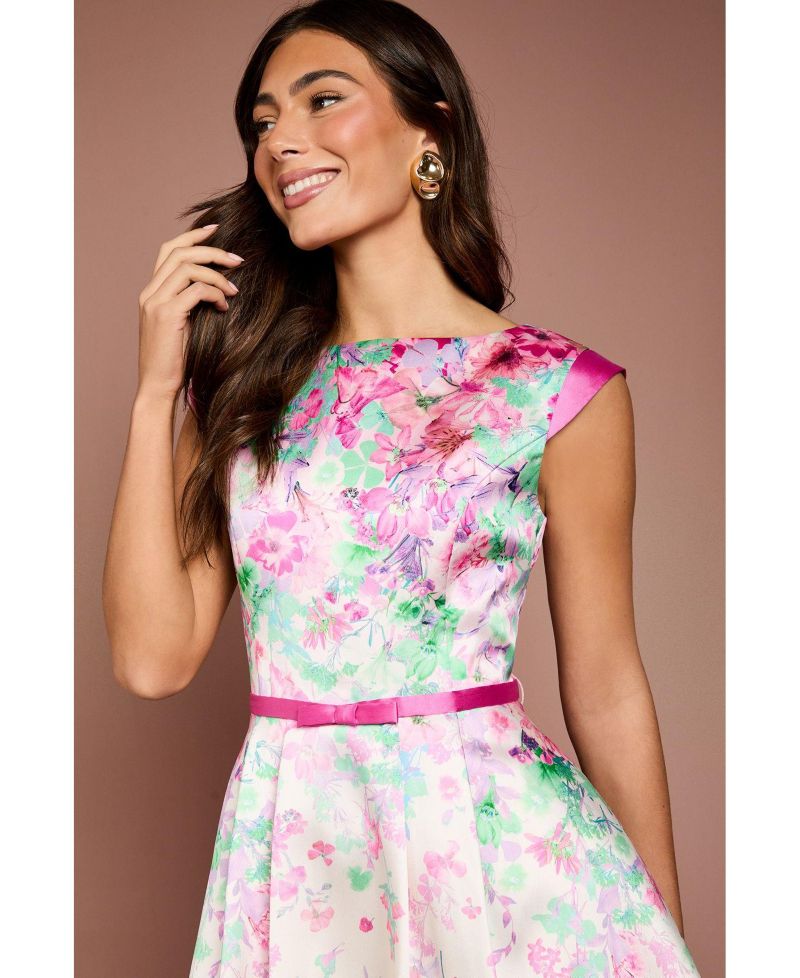 Women's Floral High-Low Boat Neck Midi Dress