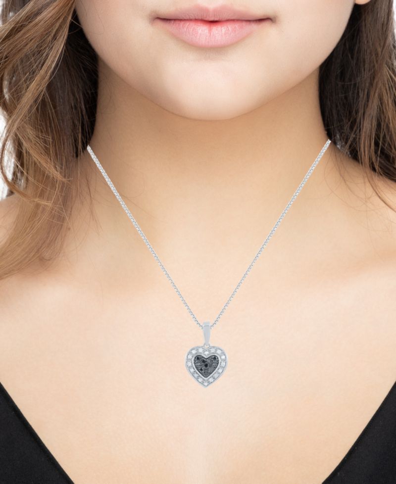 Black & White Diamond Heart Drop 18" Pendant Necklace (1/6 ct. t.w.) in Sterling Silver