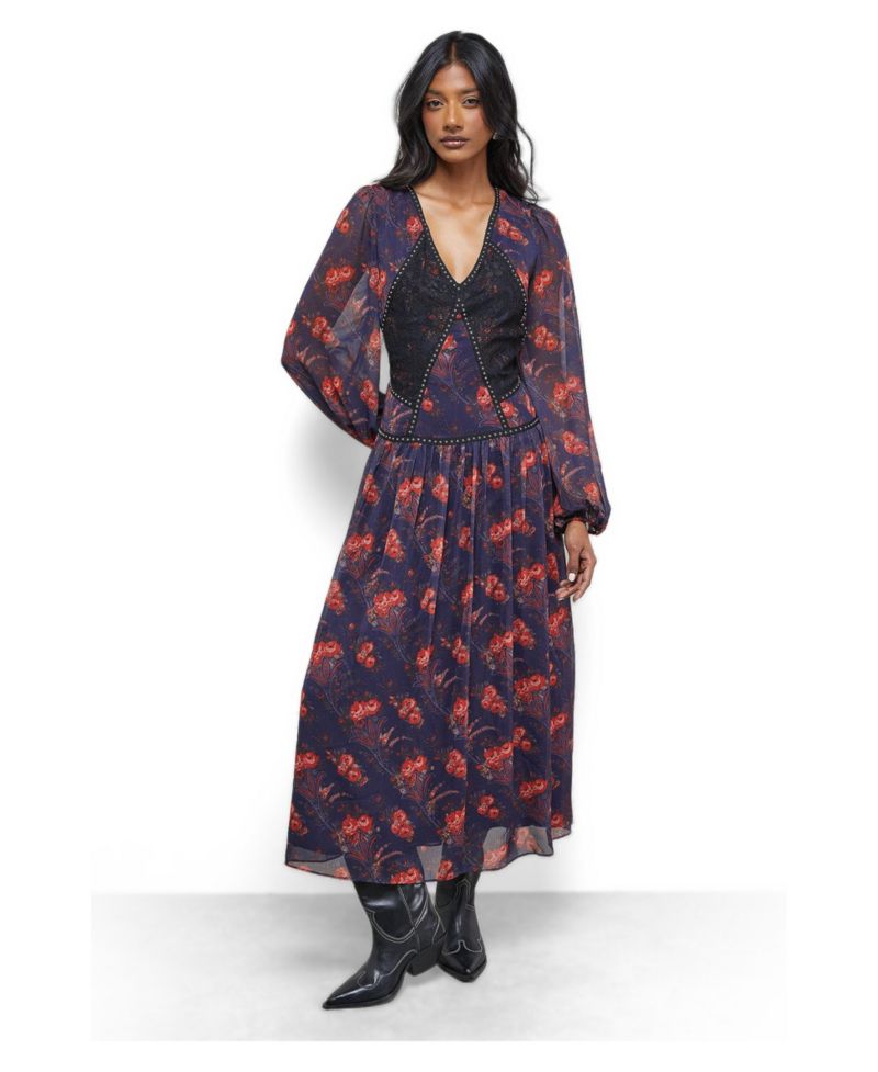 Women's Plunge Neck Pleated Maxi Dress