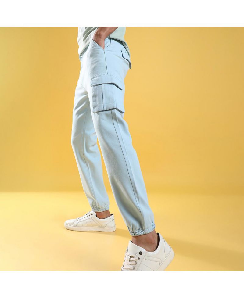 Men's Light Blue Cuffed Hem Cargo Trousers