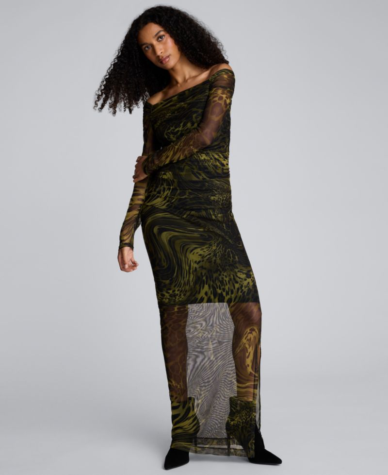 Women's Long Sleeve Ruched Printed Sheath Dress