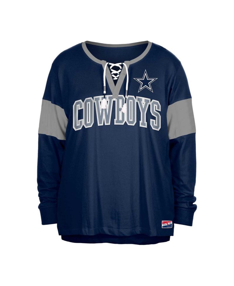 Women's Navy Dallas Cowboys Plus Size Lace-Up Notch Neck Long Sleeve T-Shirt