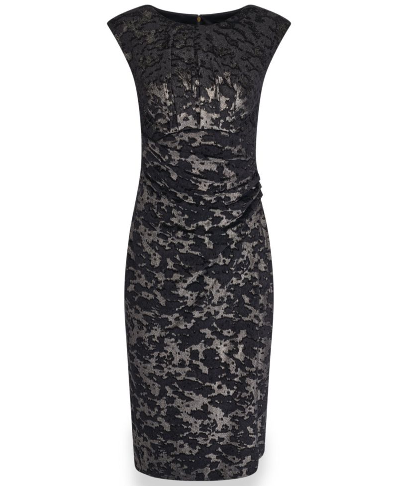 Women's Velvet Jacquard Sleeveless Ruched Midi Sheath Dress
