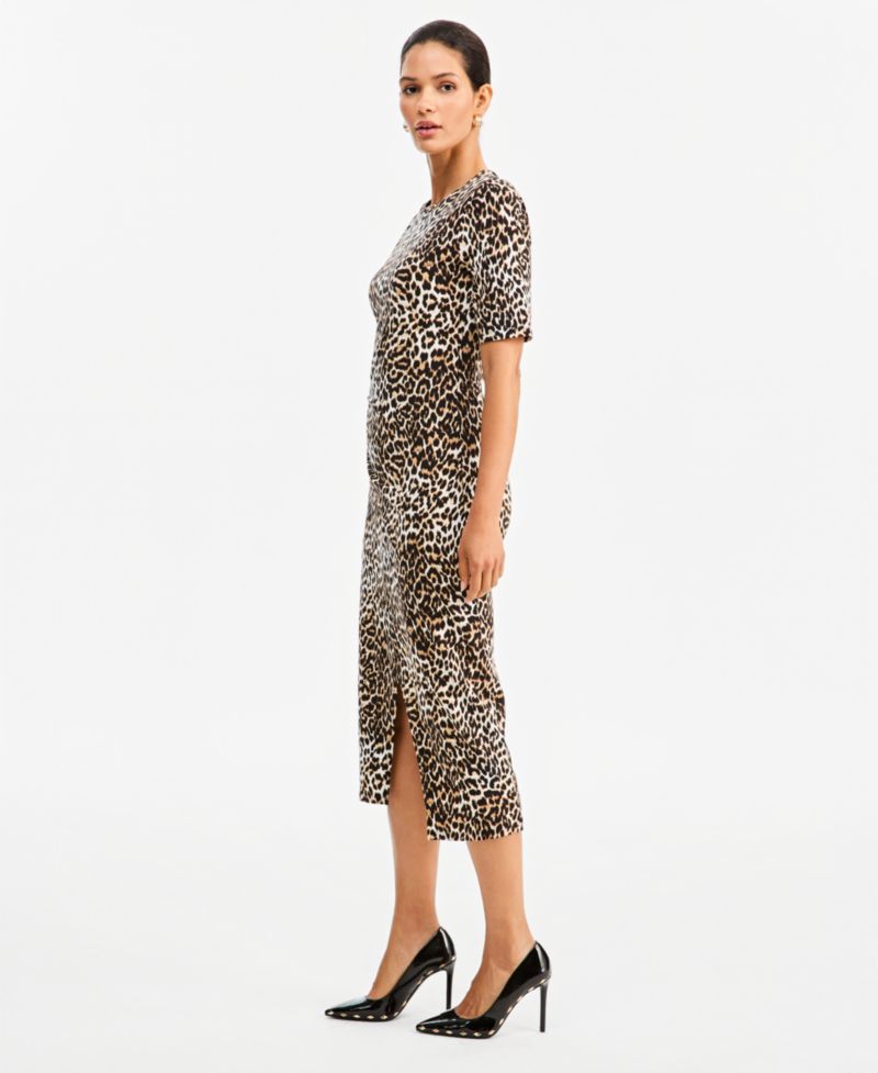 Women's Leopard-Print Front Slit Short-Sleeve Midi Dress
