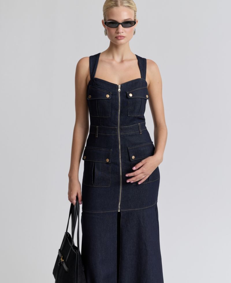 Women's Stretch Denim Cargo Zip-Front Midi Dress