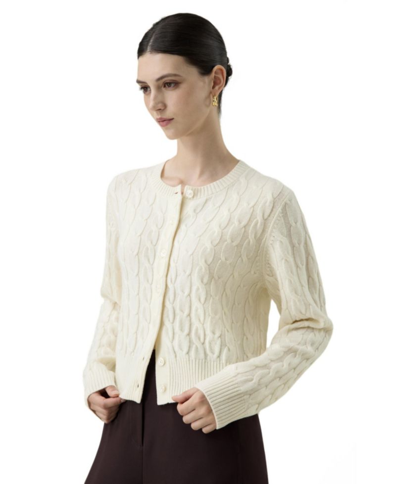 Women's Merino Wool Cable-Knit Crewneck Cardigan