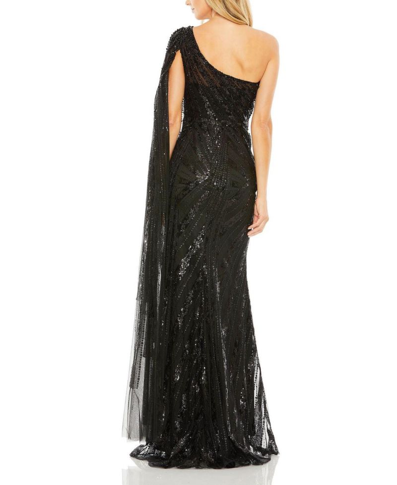 Women's One Shoulder Cape Sleeve Embellished Gown