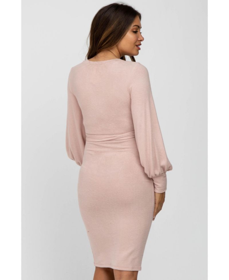 Women's Pink Soft Brushed Waist Tie Bubble Sleeve Dress