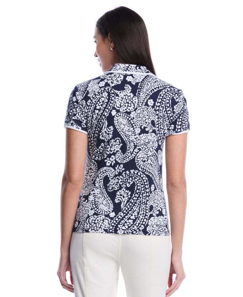 Petite Paisley Print Contrast Trim Johnny Collar Short-Sleeve Polo Shirt