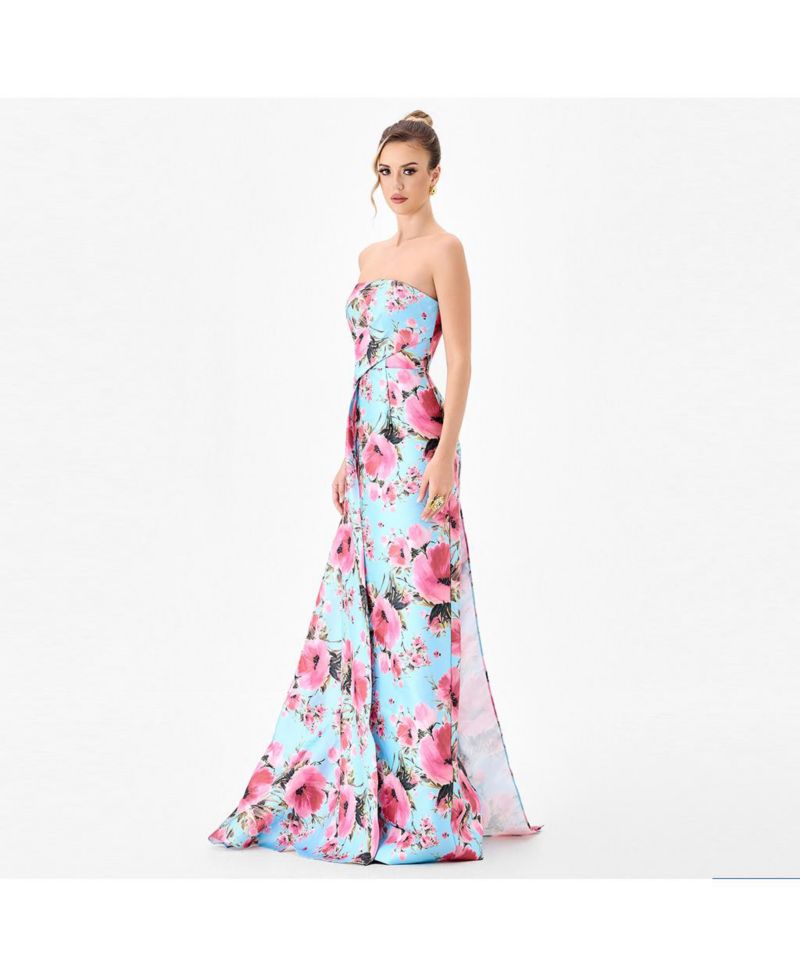 Women's Zia Strapless Floral-Print Asymmetric-Pleated Gown