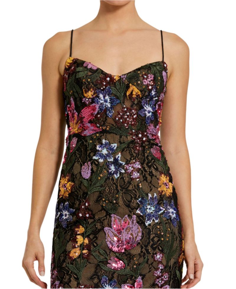 Women's Spaghetti Strap Floral Embroidered Gown