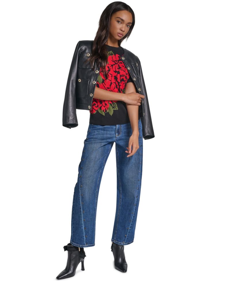Petite Short-Sleeves Rose Floral Short-Sleeve Crewneck Sweater