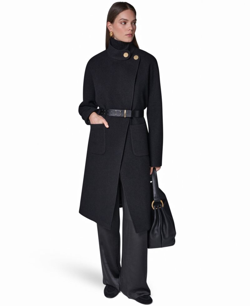 Women's Snap Closure Belted Wool-Blend Coat