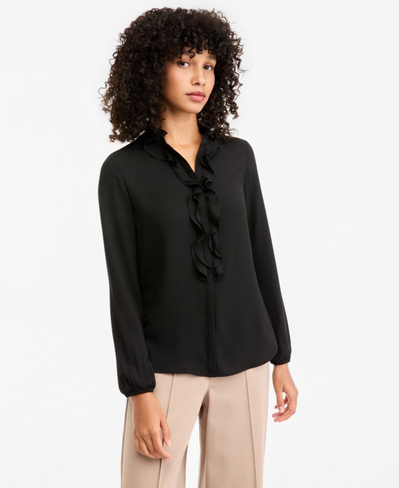 Women's Ruffle-Front Long-Sleeve V-Neck Blouse