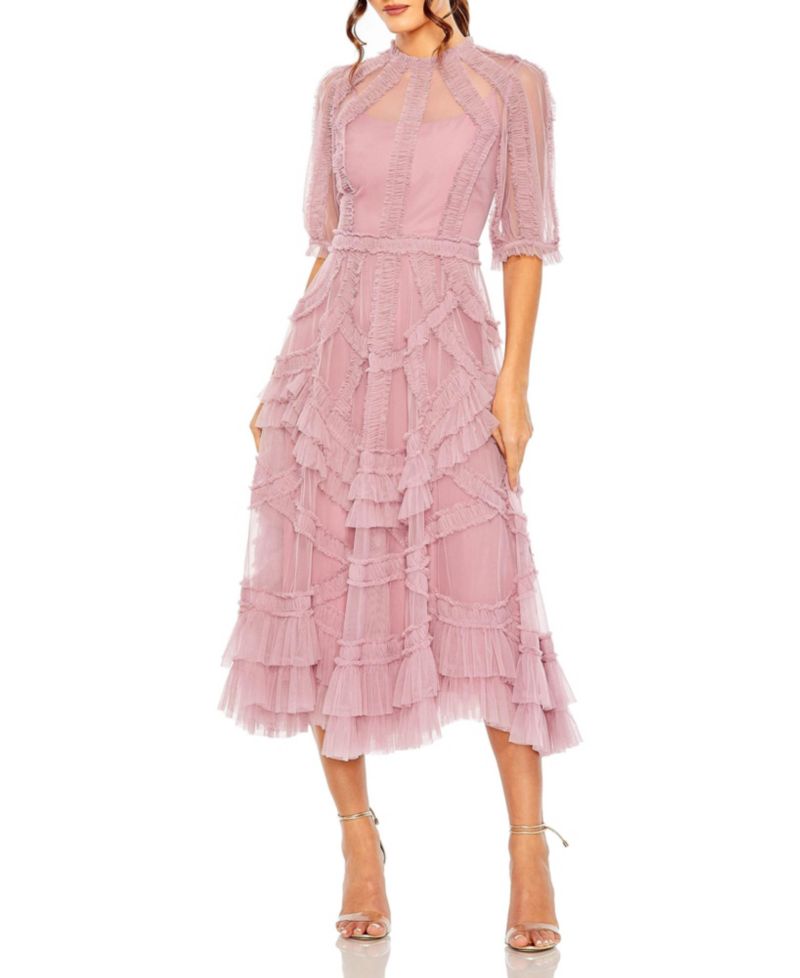 Women's High Neck Puff Sleeve Ruffle Tiered Dress