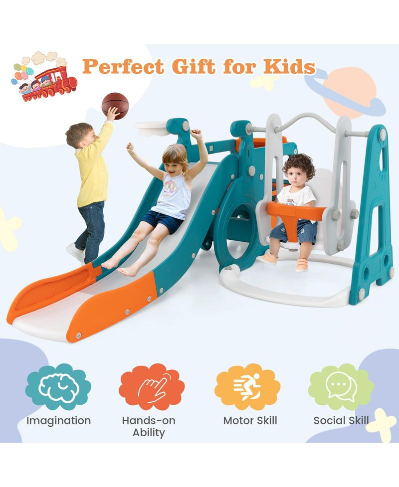 Kids' 5-in-1 Slide and Swing Set with Mini Bus and Basketball Hoop