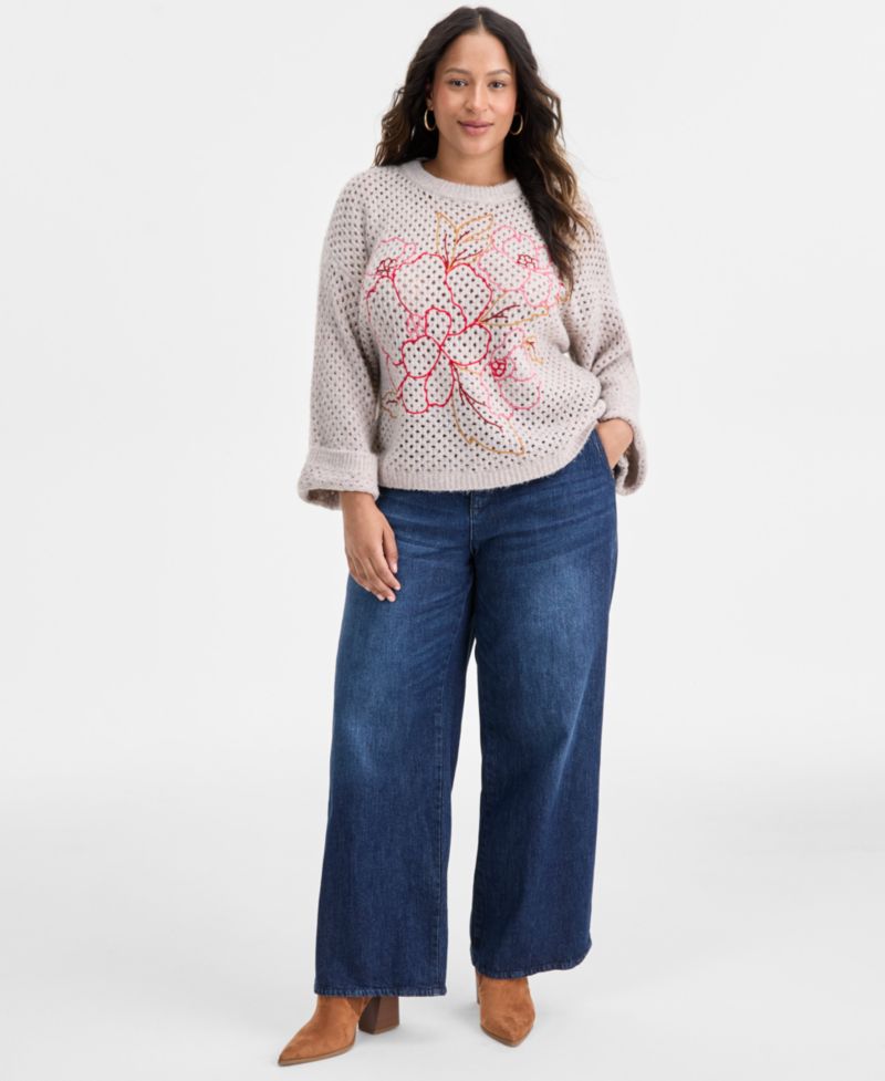 Plus Size Long Sleeve Floral Embroidered Sweater