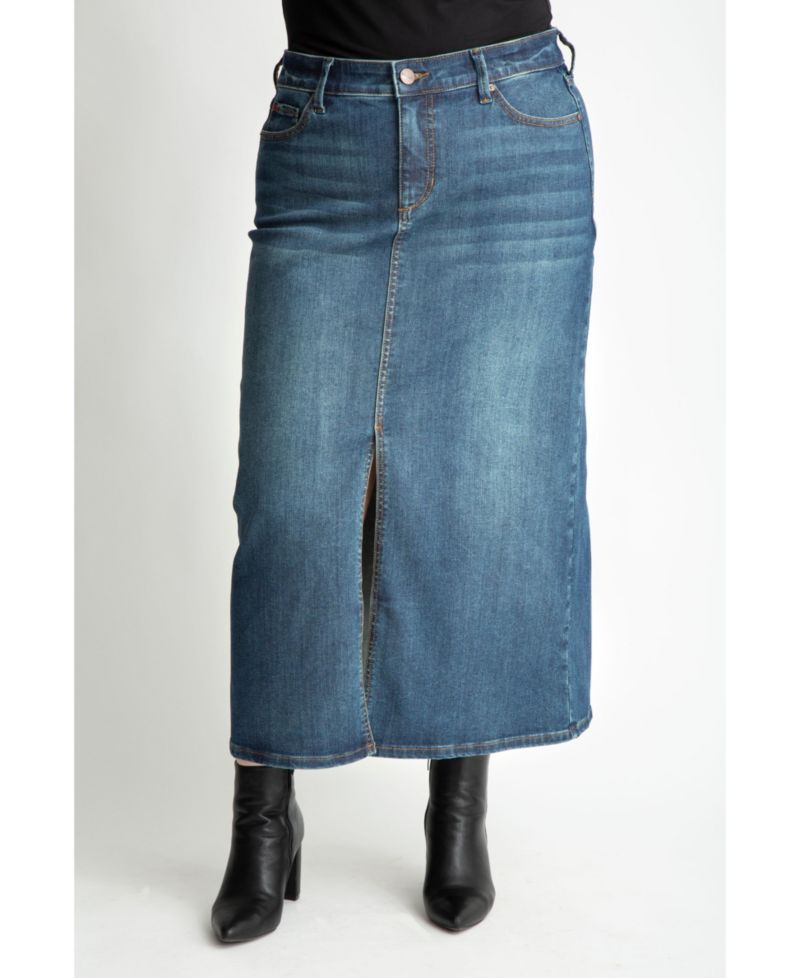 Plus Size Denim Maxi Skirt in 37"length with front slit - Brielle