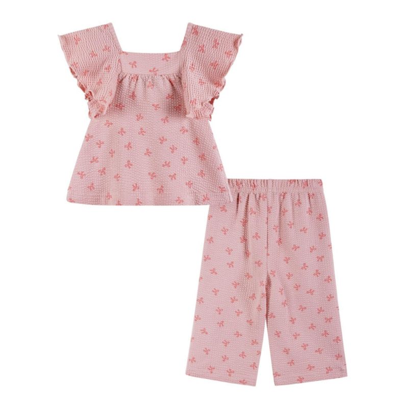 Baby Girls Pink Bow Print Knit Seersucker Top and Pant Set