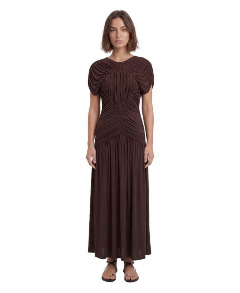 Women's Short-Sleeve Open Back Ruched Jersey Maxi Dress