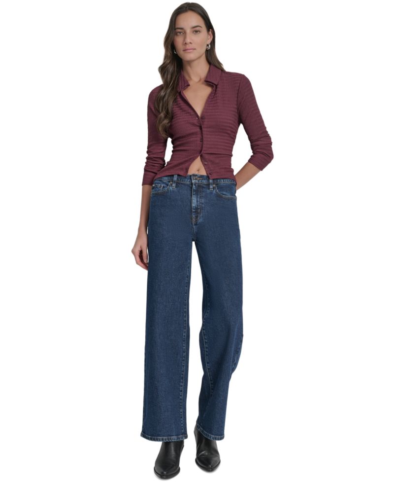 Women's Textured Collared Button-Front Top