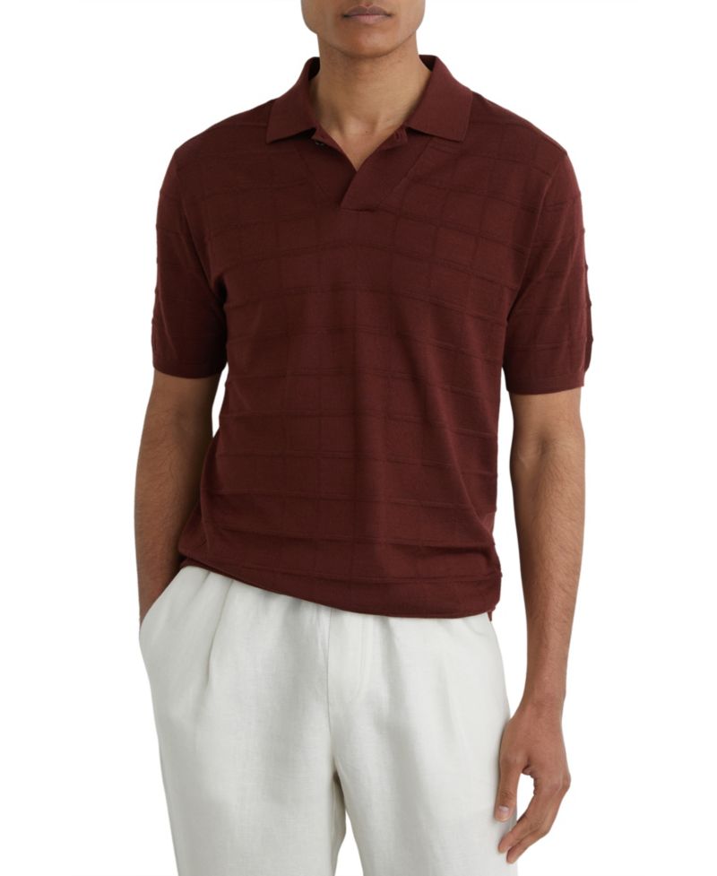 Men's Serval Open Collar Check Textured Polo Shirt