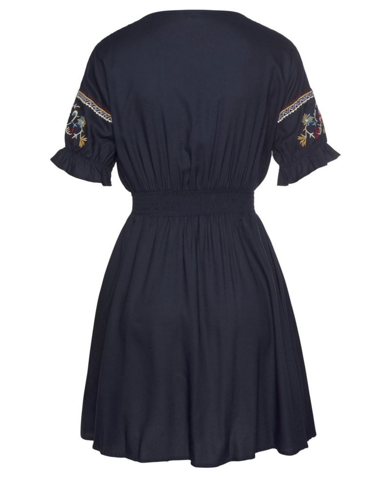 Women's Viscose Embroidered Short A-Line Elastic-Waist Short Dress