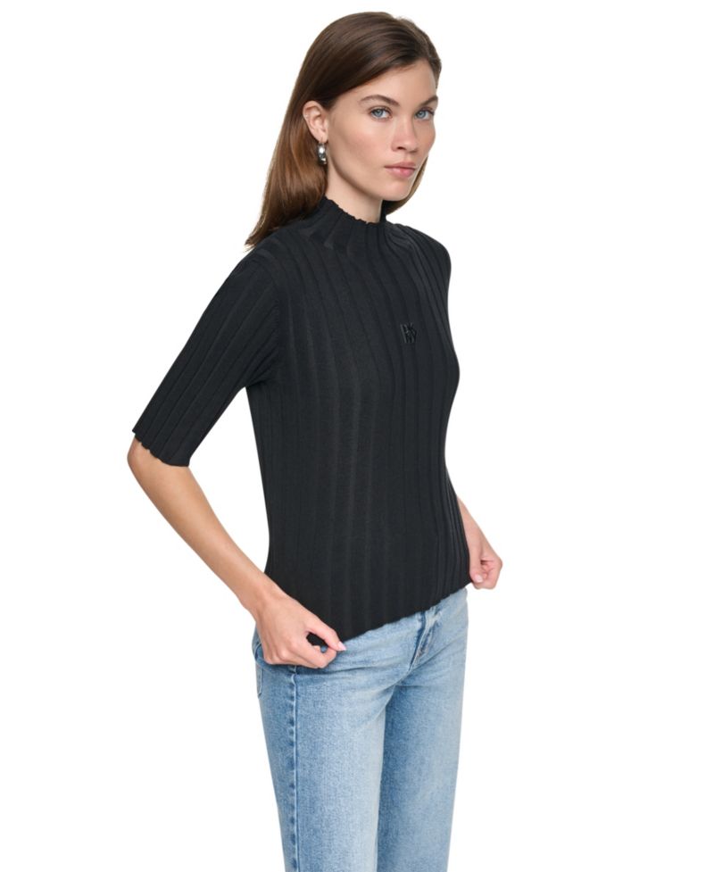 Women's Elbow Sleeve Wide Rib Mock Neck Cotton Rib Knit Sweater