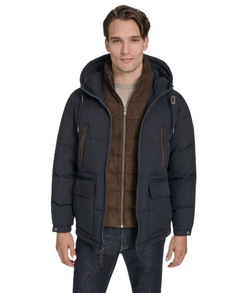 Men's Hooded Puffer Faux-Suede Bib Jacket