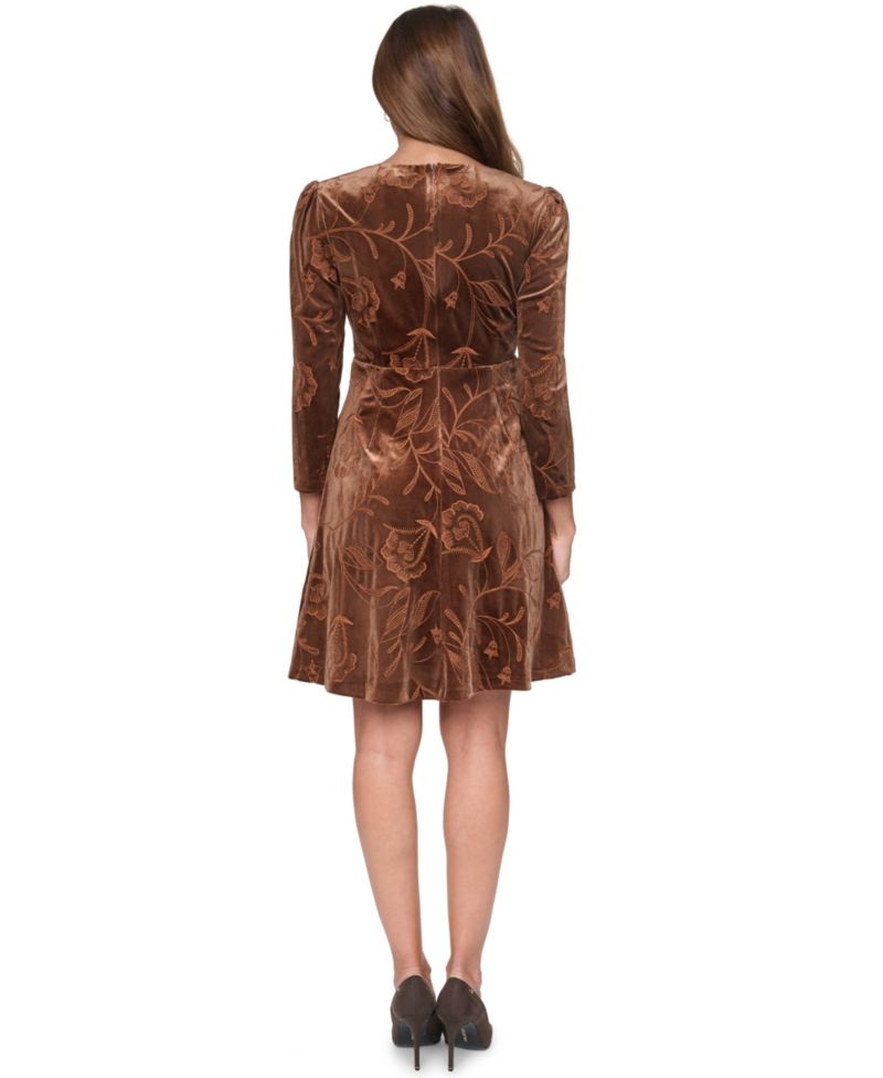 Women's Floral-Print A-Line Velvet Dress