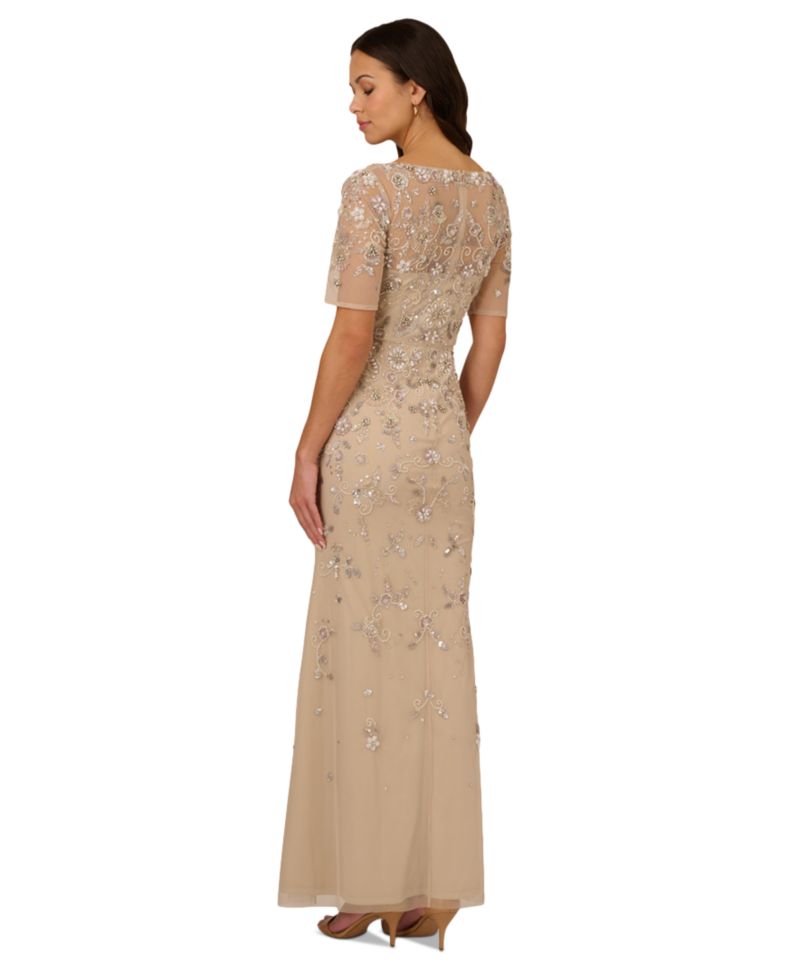 Women's V-Neck Beaded Short-Sleeve Mesh Gown