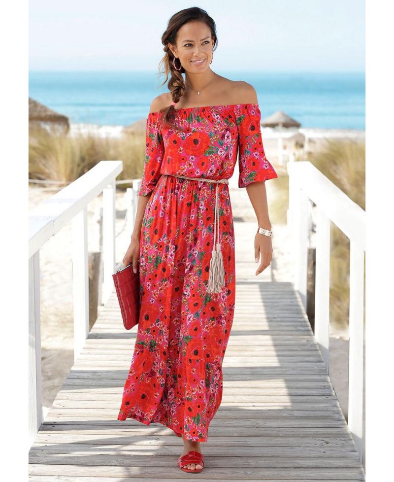 Women's Viscose Printed Off Shoulder Elastic-Waist Maxi Dress