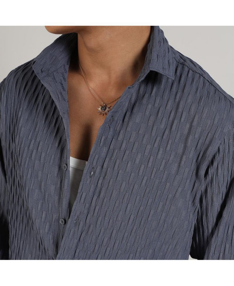 Men's Prussian Blue Crinkled-Weave Shirt