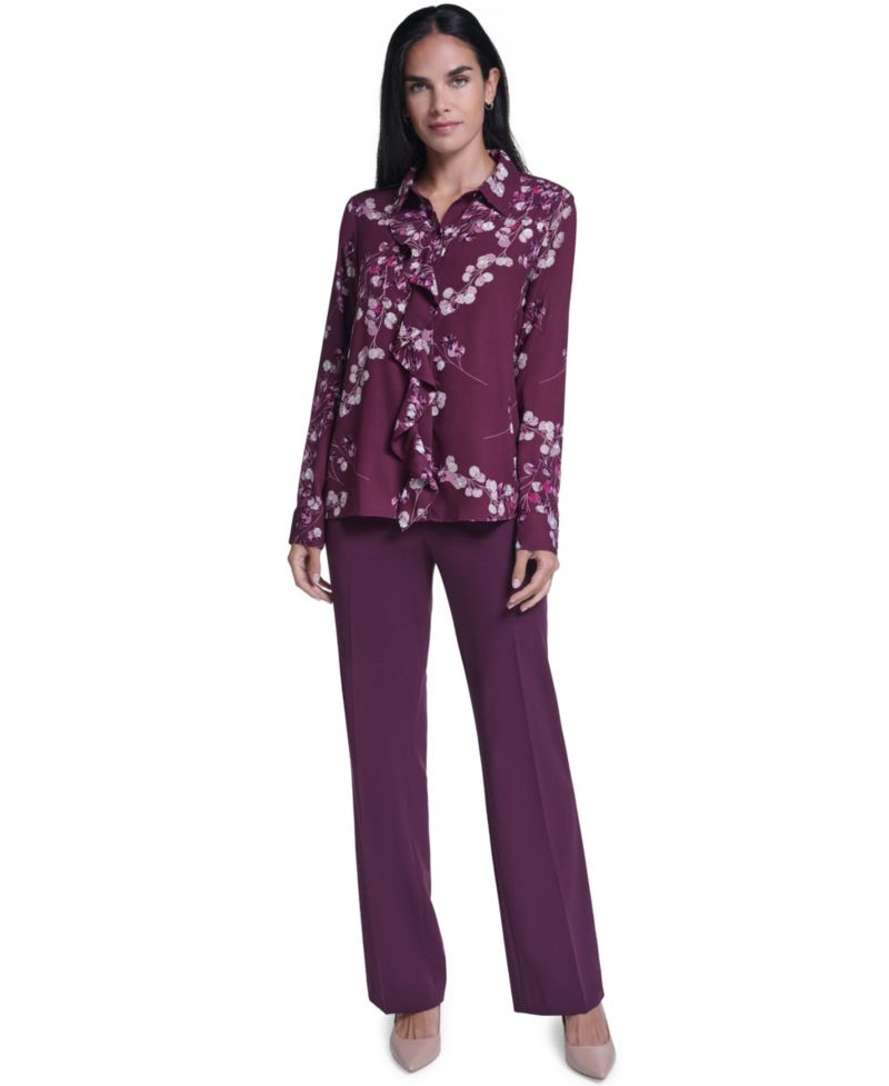 Women's Floral-Print Ruffled-Front Long-Sleeve Blouse
