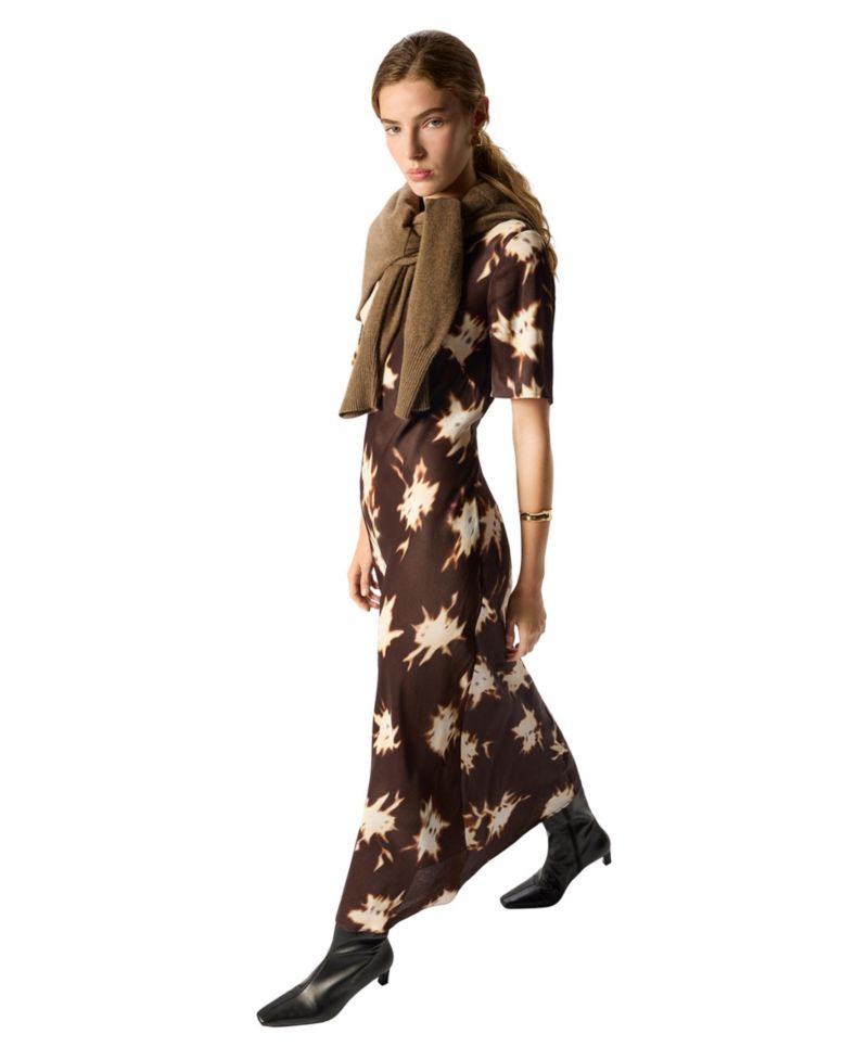 Women's Shadow Floral Satin Short-Sleeve Midi Dress