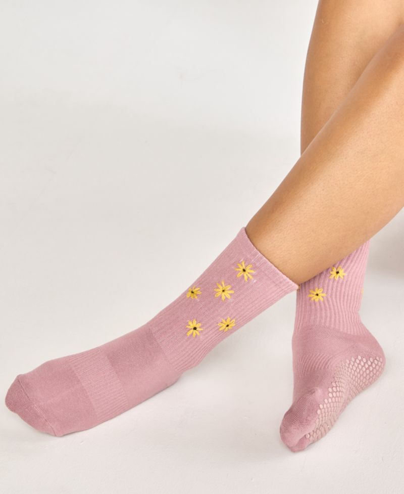 Women's Daisy Grip Embroidered Daisies Honeycomb Grip Crew Socks