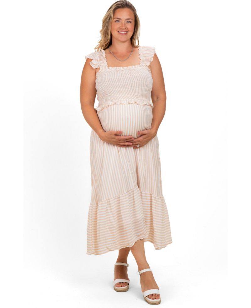 Plus Size Light Khaki Striped Smocked Midi Dress
