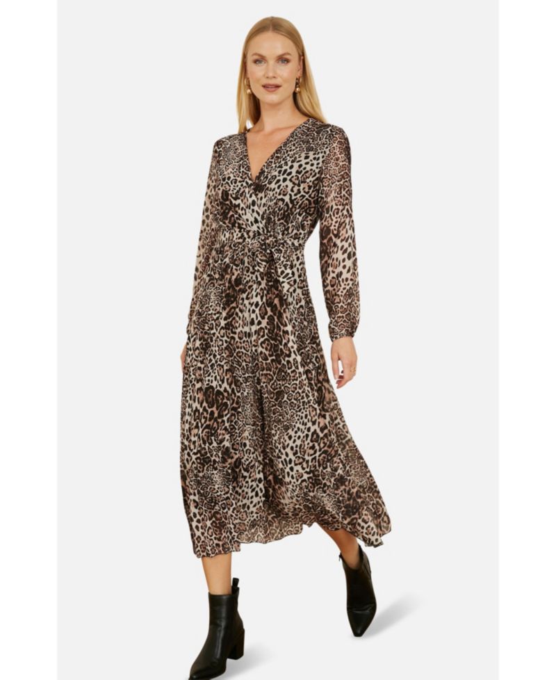 Women's Leopard Print Long Sleeve Midi Dress