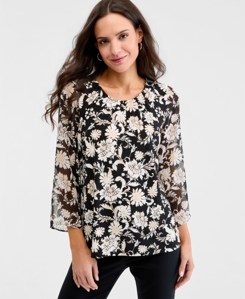 Petite Bold Floral Scroll Floral-Print 3/4-Sleeve Chiffon Top