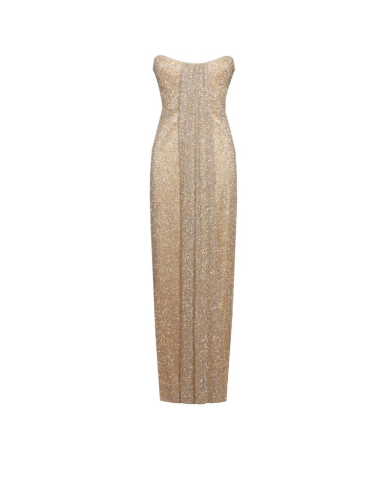 Women's Ada Gold Rhinestone Embellished Strapless Gown with Head Scarf
