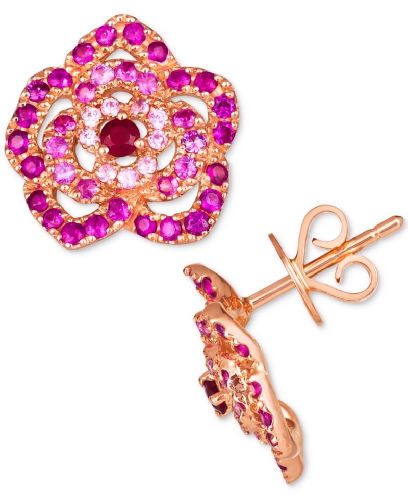 Passion Ruby (1/8 ct. t.w.) & Bubble Gum Pink Sapphire (1-1/6 ct. t.w.) Flower Stud Earrings in 14k Rose Gold