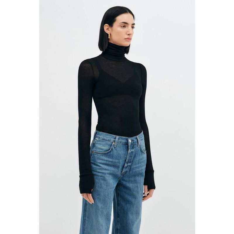 Women's Eloise Extra-Long Sheer Jersey Fitted Turtleneck with Thumbholes