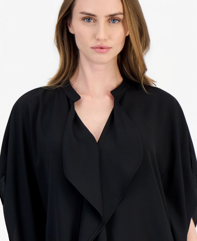 Petite Dolman Flutter Y-Neck Chiffon Blouse
